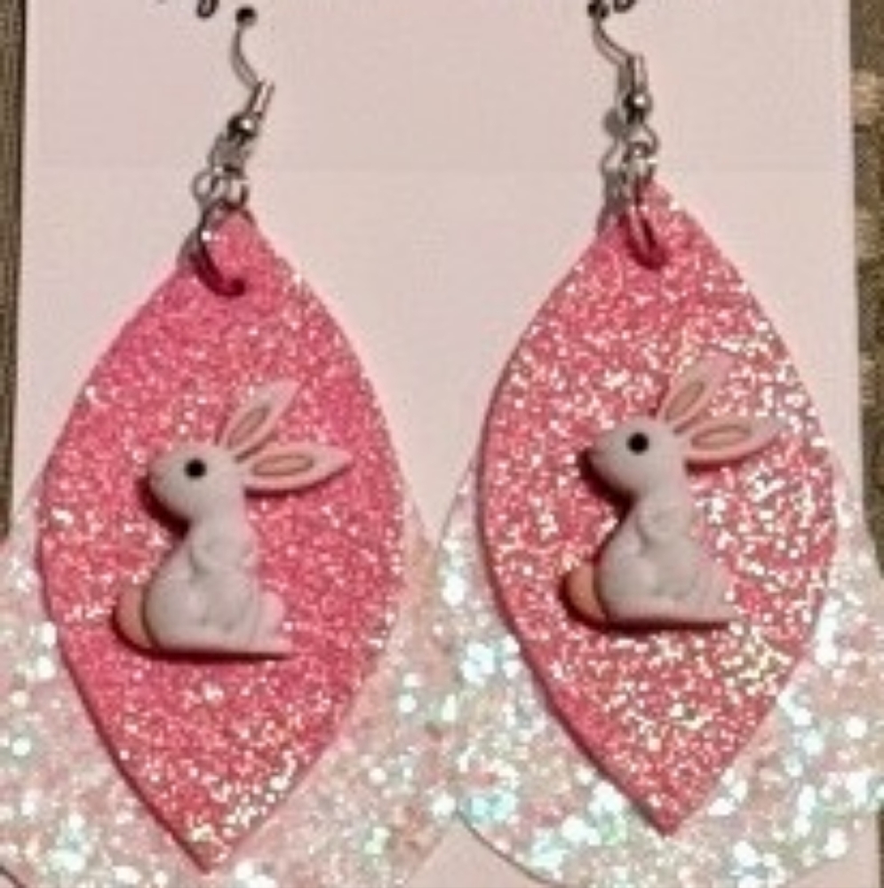 💥SALE💥 Barbie Pink Bunny Rabbit Glitter Earrings  Easter Brand New - Picture 5 of 9